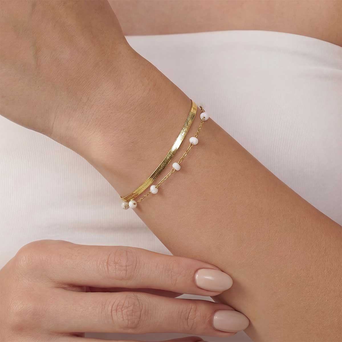 Snake Chain and White Bead Double Bracelet, Gold