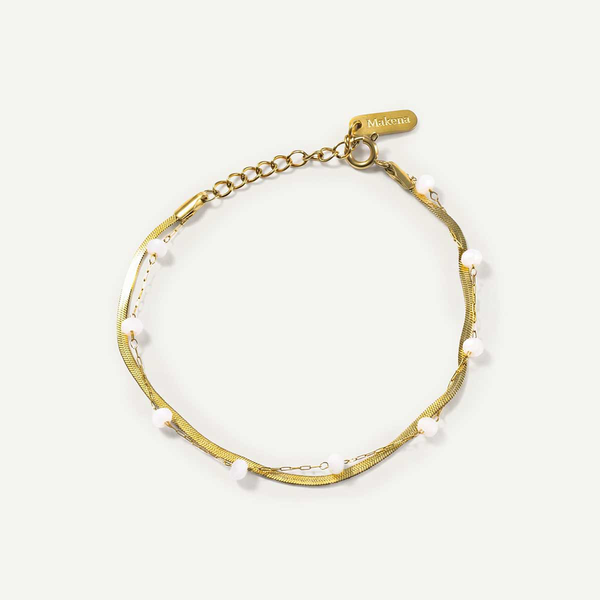 Snake Chain and White Bead Double Bracelet, Gold