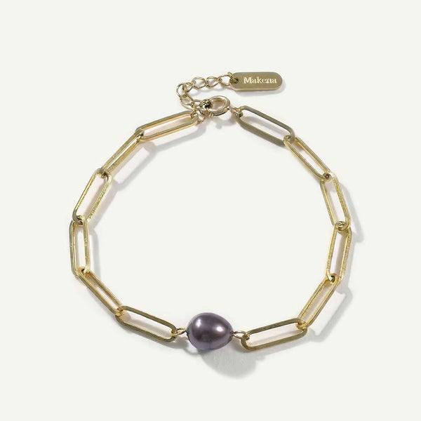 Dark Pearl Paperclip Chain Bracelet, Gold