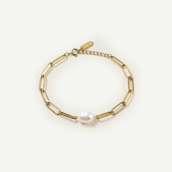 White Pearl Paperclip Chain Bracelet, Gold