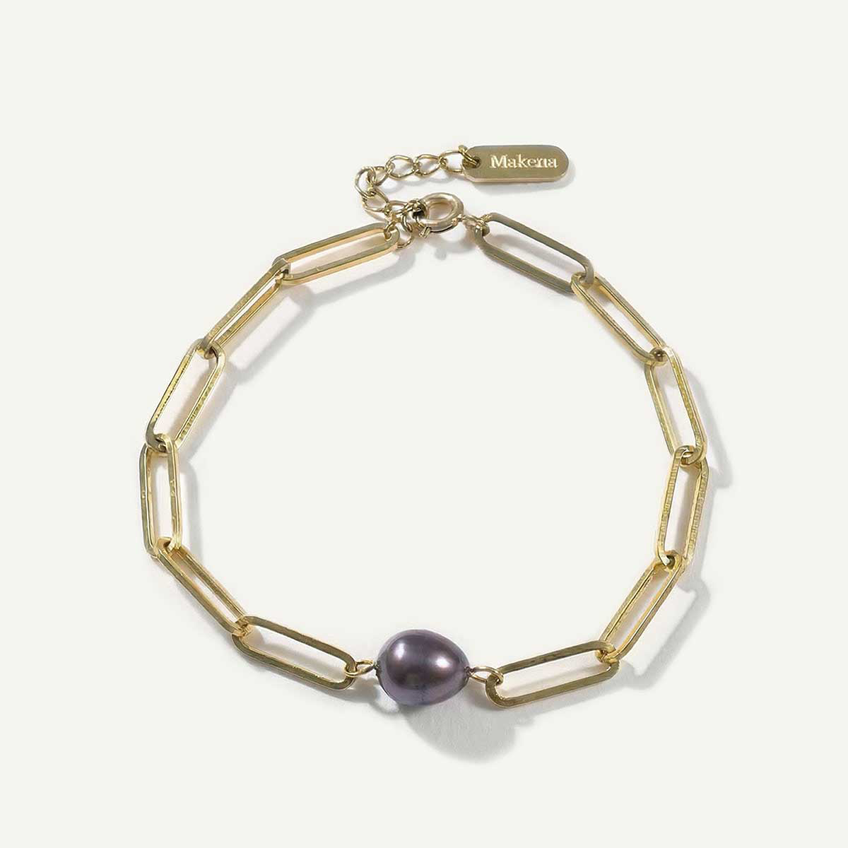 Dark Pearl Paperclip Chain Bracelet, Gold