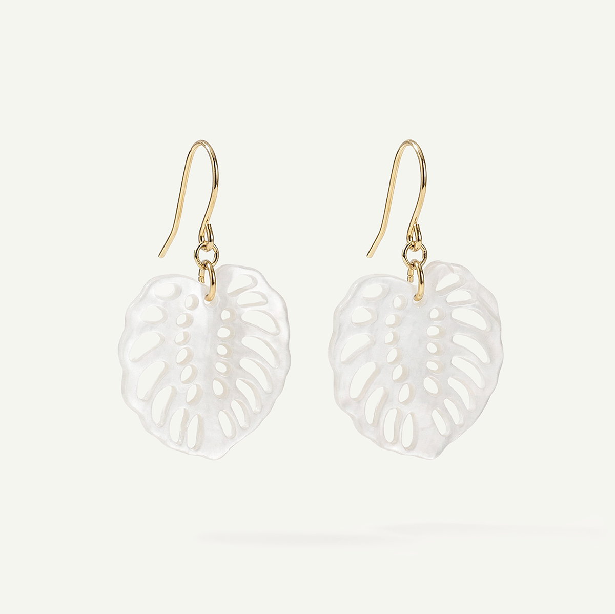 Monstera Mother of Pearl Earrings, Gold