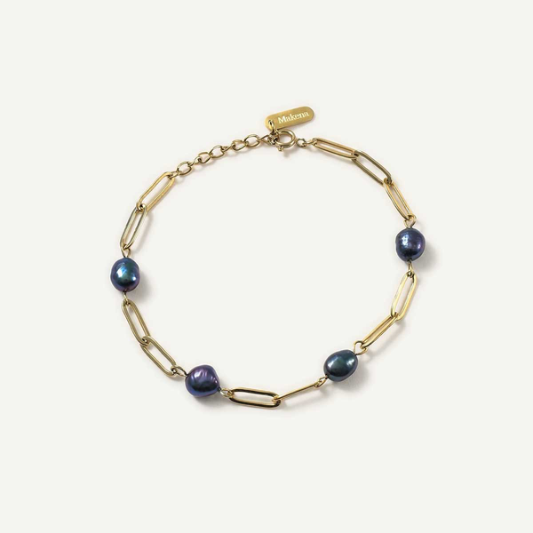 4 Dark Pearl and Paperclip Chain Bracelet, Gold