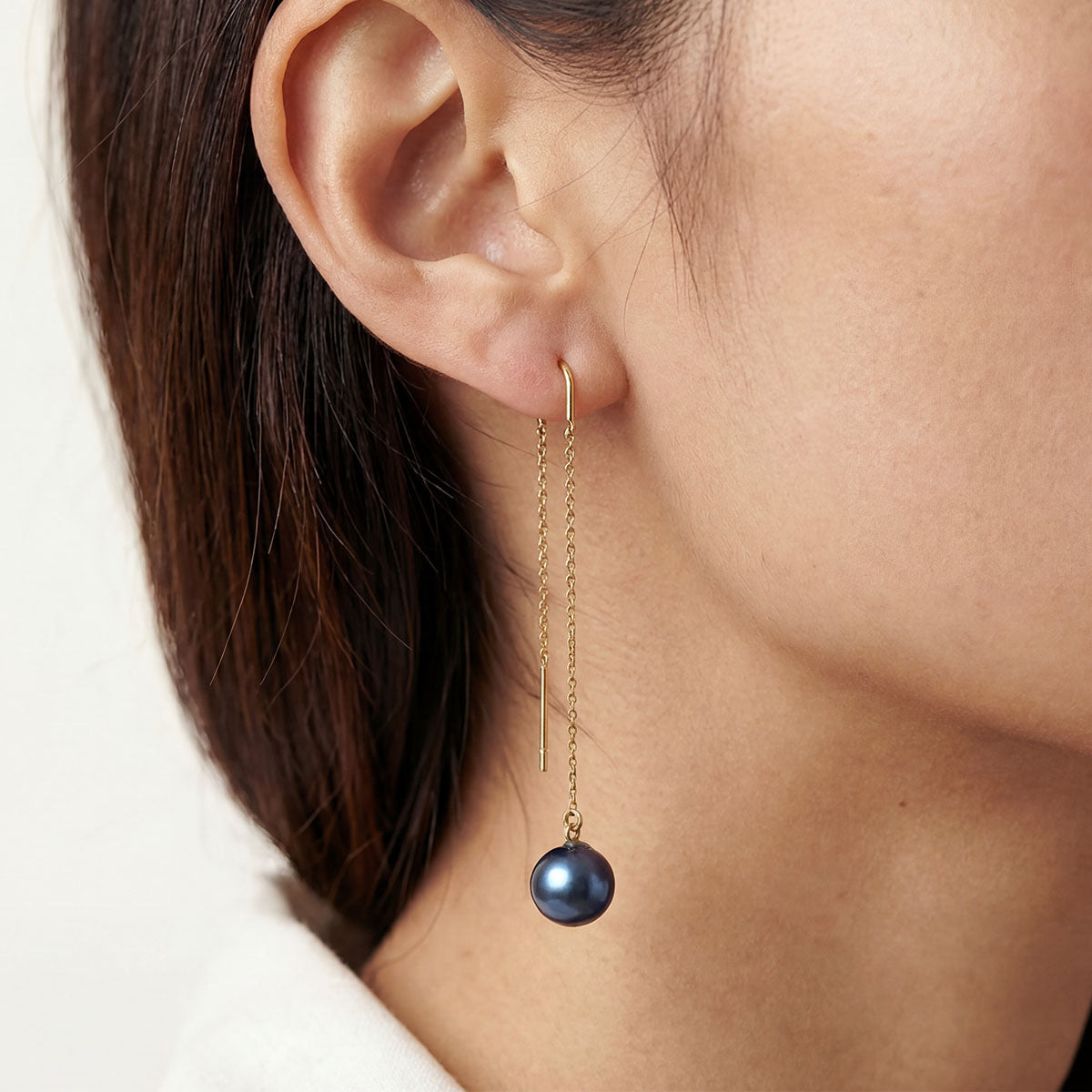 Dark Pearl Threader Earrings, Gold