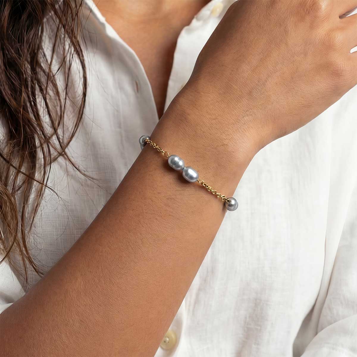 Small Silver Pearl Chain Bracelet, Gold