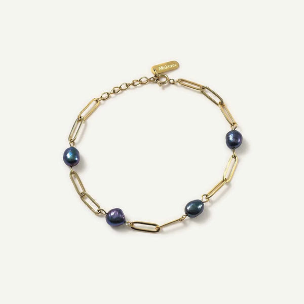 4 Dark Pearl and Paperclip Chain Bracelet, Gold