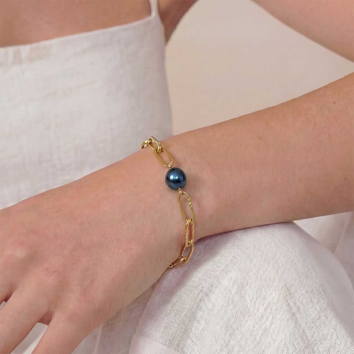 Dark Pearl Paperclip Chain Bracelet, Gold