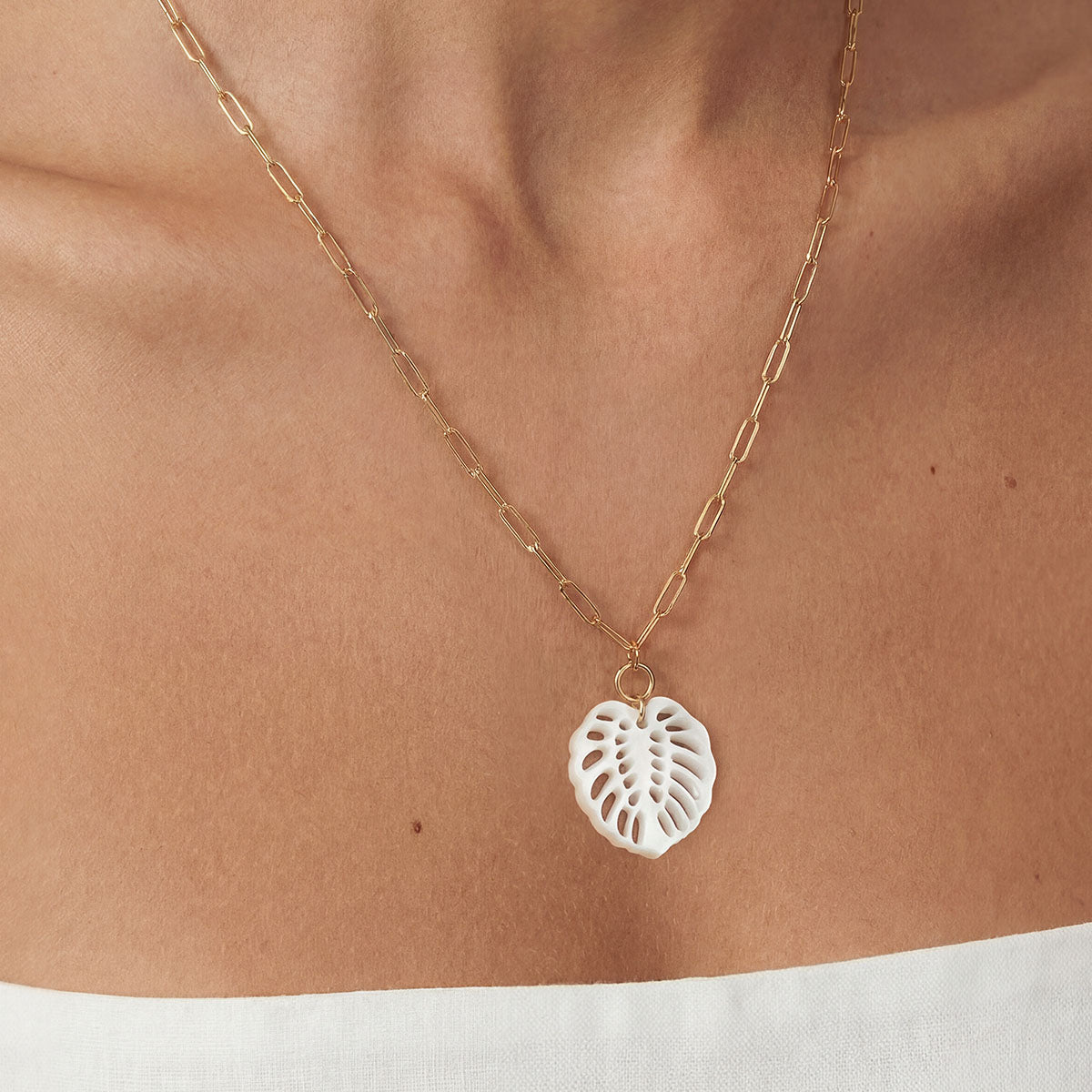Monstera Mother of Pearl Necklace, Gold
