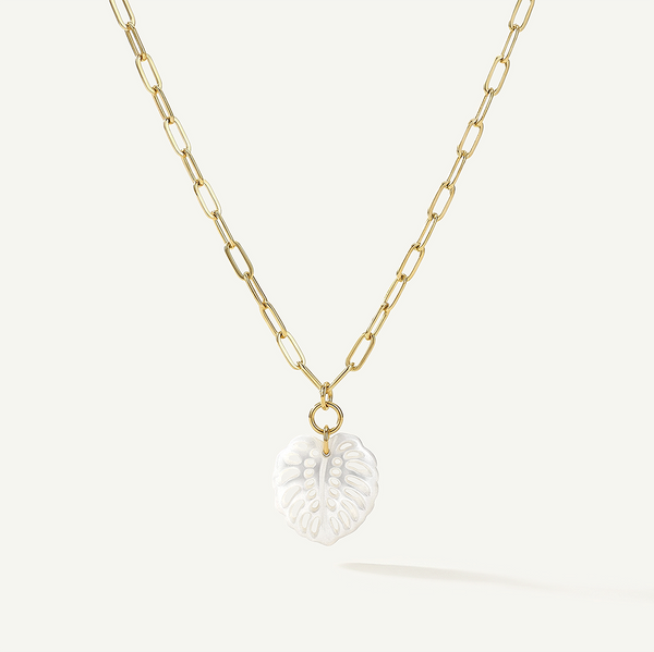 Monstera Mother of Pearl Necklace, Gold
