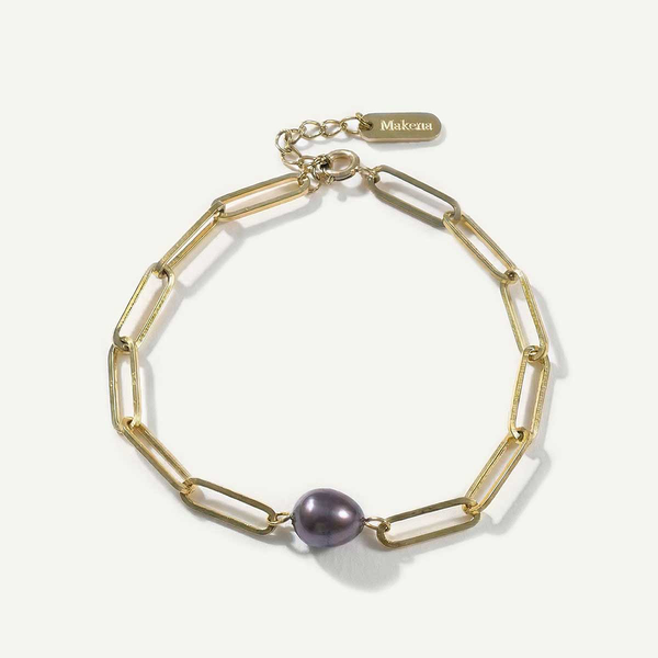 Dark Pearl Paperclip Chain Bracelet, Gold