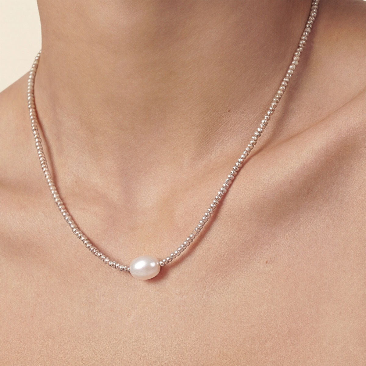 Mia Beaded Silver Pearl Necklace