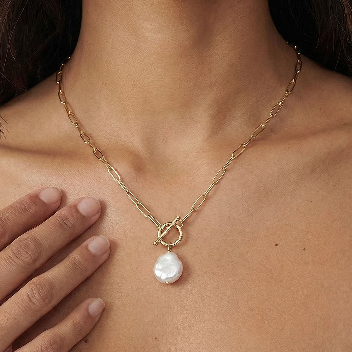Mandi Pearl Toggle Necklace, Gold