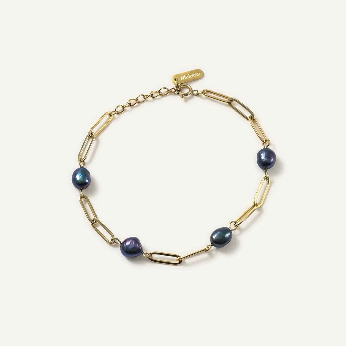 4 Dark Pearl and Paperclip Chain Bracelet, Gold