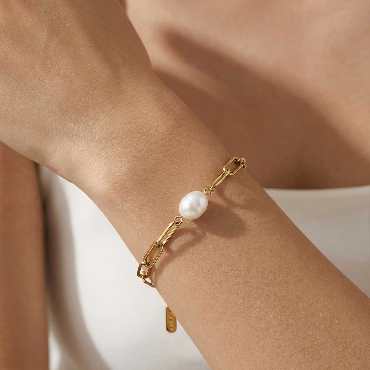 White Pearl Paperclip Chain Bracelet, Gold