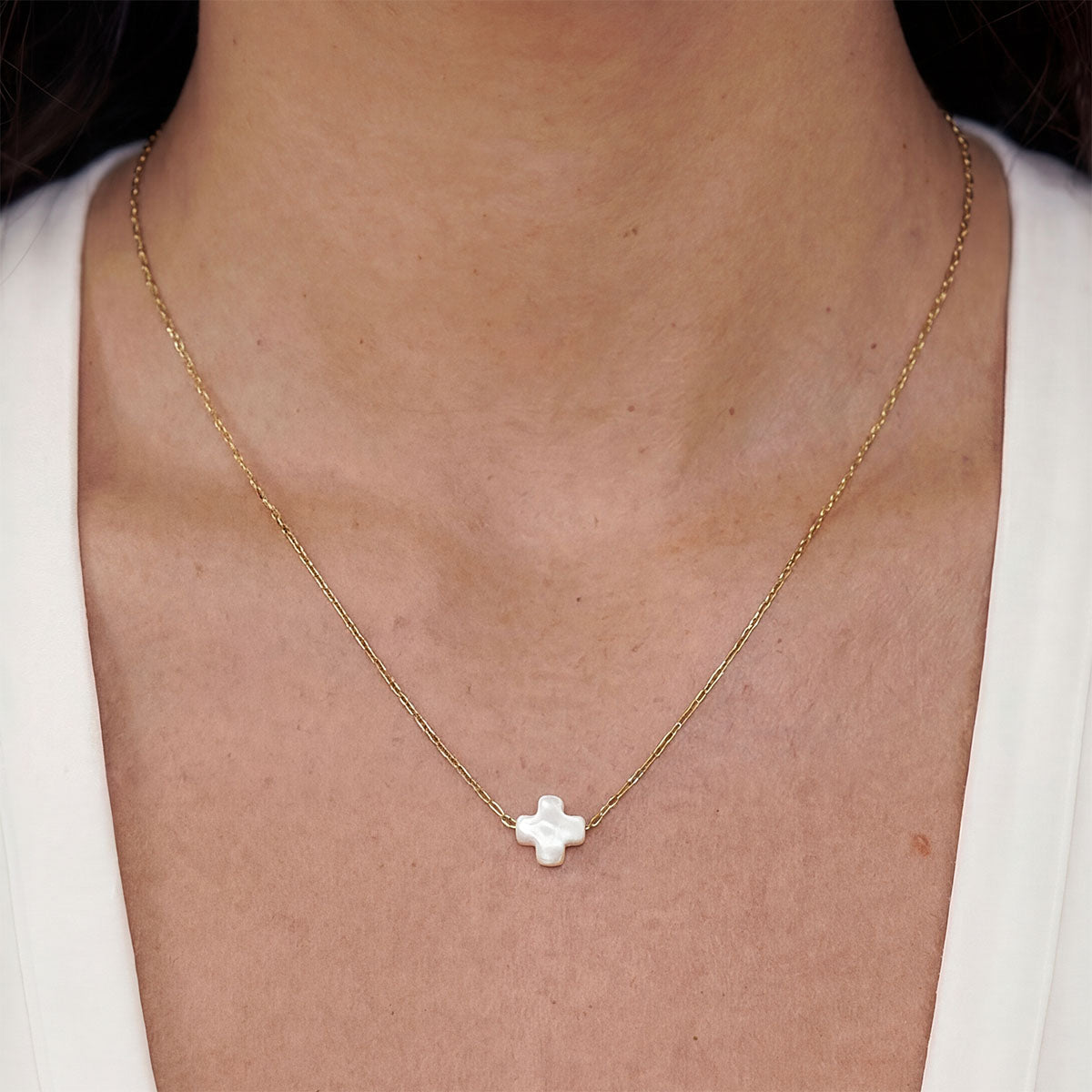 Mother of Pearl Cross Necklace, Gold