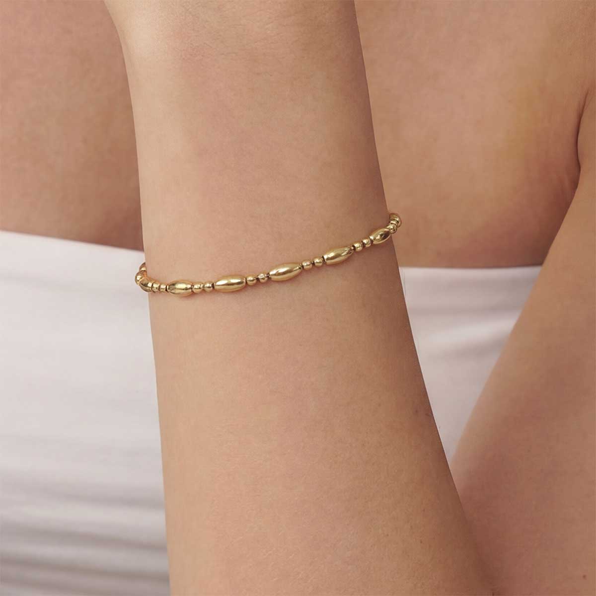 Circle and Oval Bead Elastic Bracelet, Gold
